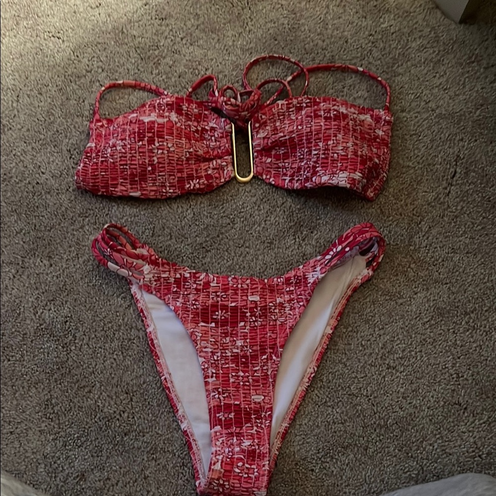Red Textured Bikini Set